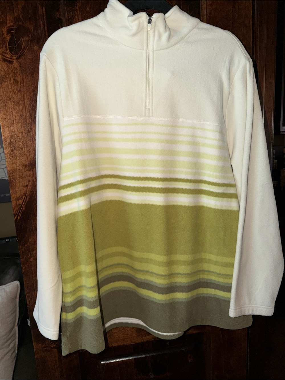 Lands' End Women’s Zip-Up Fleece Pullover in Cream and Olive Stripe